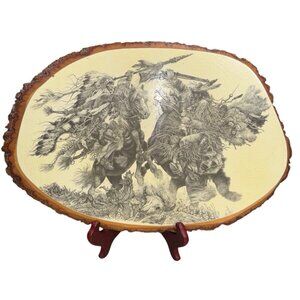 VTG Handmade Native American Indian Warrior Lacquered Print Wood Wall 18' X 12'